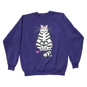 90s Vintage Front Back Cat Cartoon Sweatshirt Purple Crewneck Oldland Comic.